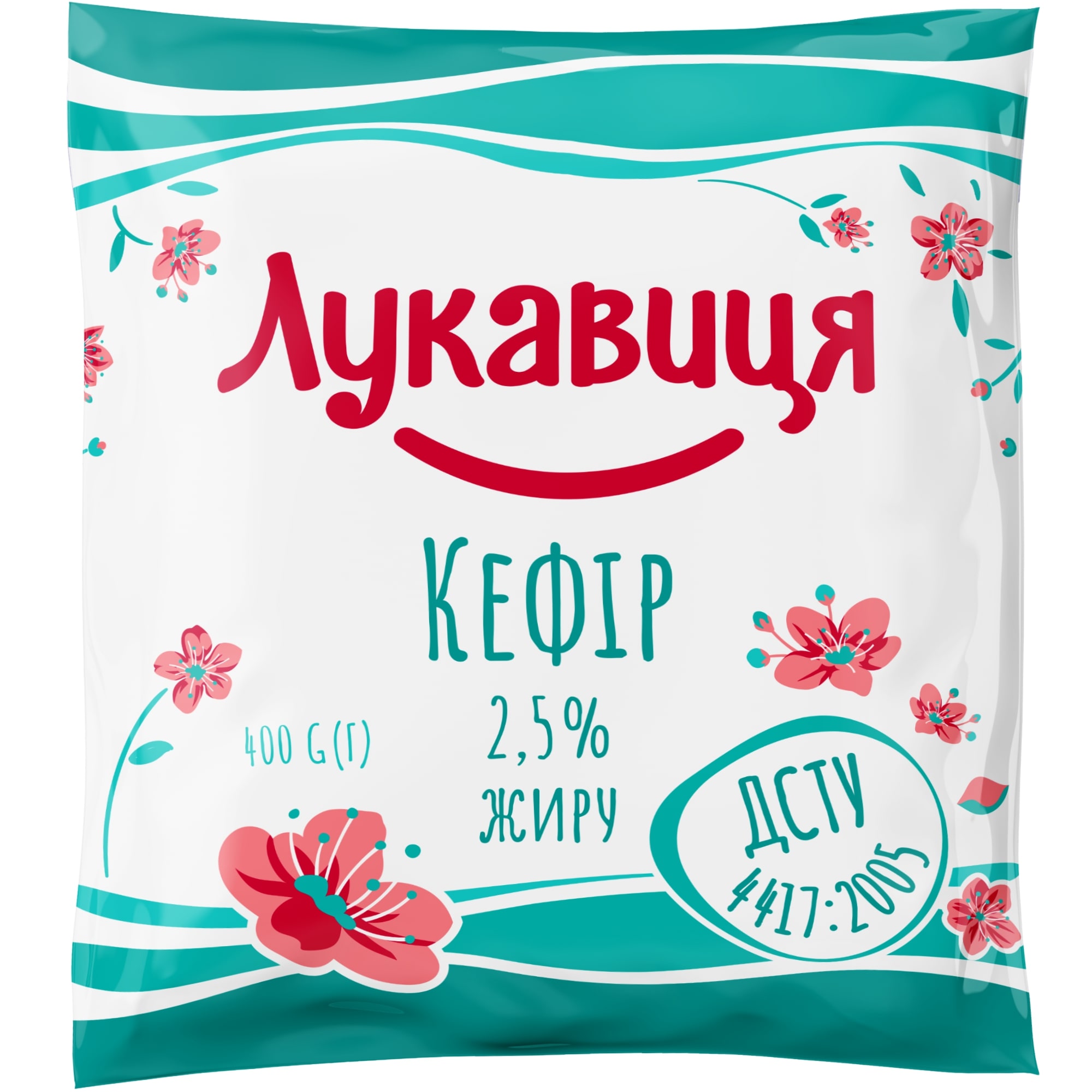 Кефір 2,5% жирністю плівка 400 гр ТМ Лукавиця